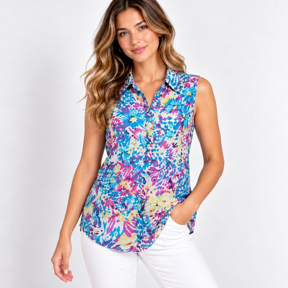 Fashion Bug Sleeveless Button Up Blouse Vintage Lightweight Women's Size Large